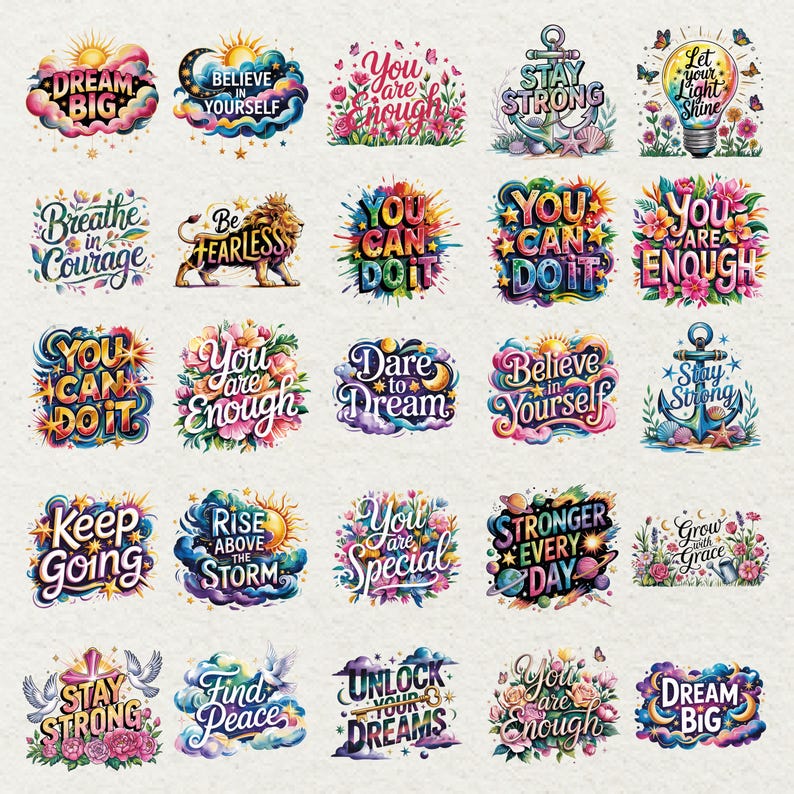 May include: A collection of colorful, inspirational stickers with phrases like "Dream Big," "Believe in Yourself," and "You Are Enough." Each sticker features floral and celestial designs, with a watercolor effect.