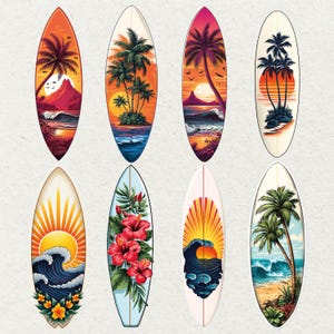 May include: Eight surfboards with tropical designs. Each surfboard features a unique illustration of palm trees, sunsets, and ocean waves in vibrant colours. The designs include a volcano, hibiscus flowers, and a sunburst.