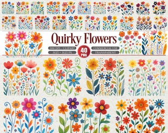 May include: A collection of colorful, whimsical flower illustrations. The image features various floral designs in vibrant hues of orange, pink, blue, and yellow. The text "Quirky Flowers" is displayed prominently, along with details about the image's resolution and commercial use.