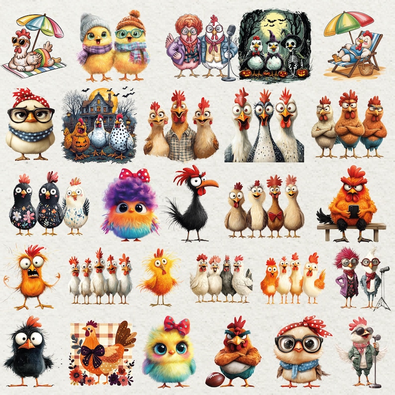 May include: A collection of whimsical chicken and chick illustrations in various styles. The images feature chickens with glasses, bow ties, and other accessories, in a variety of colors and poses. Some are in Halloween costumes.