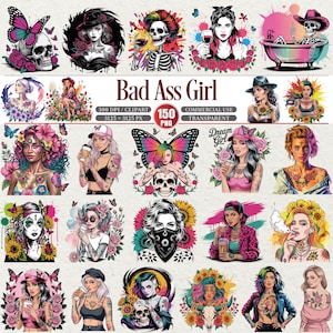 May include: A set of vibrant digital illustrations showcasing women, skulls, and butterflies. The text "Bad Ass Girl" is visible, alongside "Dream Girl". The images are in PNG format, designed for commercial applications.