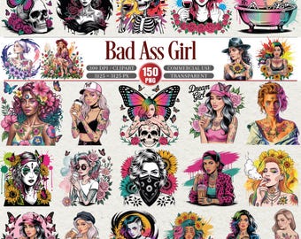 Pacchetto di clipart PNG di Bad Ass Girl con set di tatuaggi