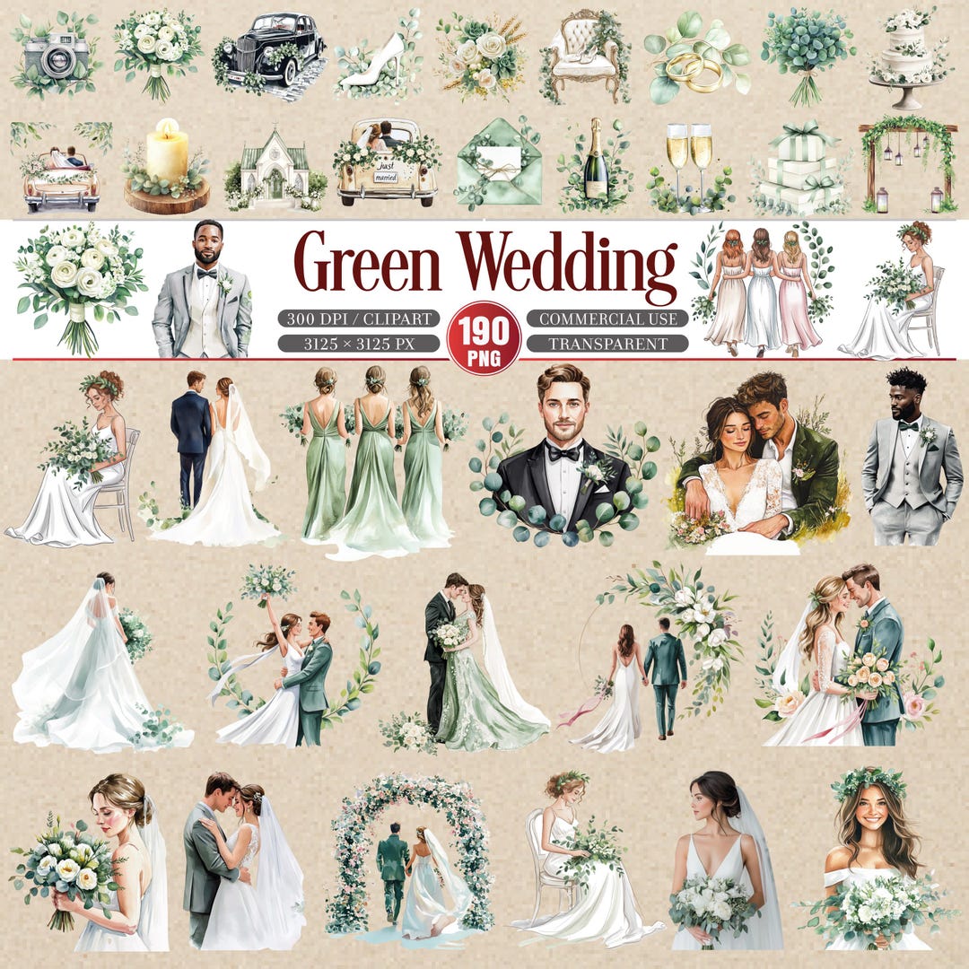 Green Wedding Clipart Bundle Transparent PNG Floral Set - Etsy