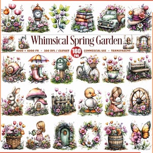 Op de afbeelding: Een verzameling aquarel illustraties met een grillig lentetuin thema. De afbeeldingen bevatten bloemen, een klok, een vrachtwagen, een hoed, een slak, een brievenbus, een fiets, een bank, een konijn, een paddenstoelenhuis, een eendje, een meisje met een konijn, een wiel, een mand, een gieter, een deur, een krans, een vat en een vlinder. De tekst "Whimsical Spring Garden" is ook aanwezig.