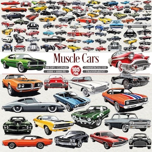 Op de afbeelding: Een illustratie met 105 muscle car-illustraties in verschillende kleuren en ontwerpen. De afbeelding toont klassieke auto-ontwerpen, met een groene auto op de voorgrond en de tekst "Muscle Cars" in het midden.