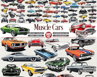 May include: An illustration featuring 105 muscle cars in diverse colours and designs. The image showcases classic car styles, with a green car at the front and the words "Muscle Cars" in the centre.