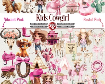 Kids Cowgirl Clipart Bundle Pink Western Cartoon Cowgirl Png Set