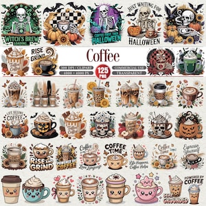 May include: A collection of Halloween-themed coffee designs. The images feature skeletons, pumpkins, bats, and coffee cups with phrases like "Witch's Brew" and "Coffee First, Then Halloween." The designs are in various styles, including cartoon and vintage.