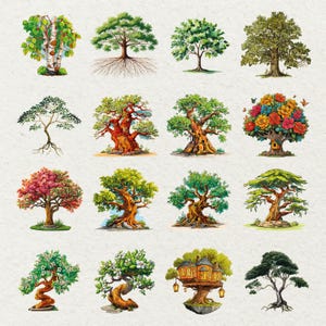 May include: A collection of 16 illustrated trees in various styles. The trees feature diverse foliage, bark textures, and shapes, including a tree with a house. The color palette includes greens, browns, reds, and yellows.