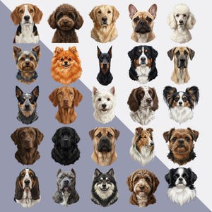 May include: A collection of 25 dog portraits, each with a unique breed. The dogs are depicted in a realistic style, showcasing a variety of colors and fur textures. Breeds include a Beagle, Poodle, Golden Retriever, and more.