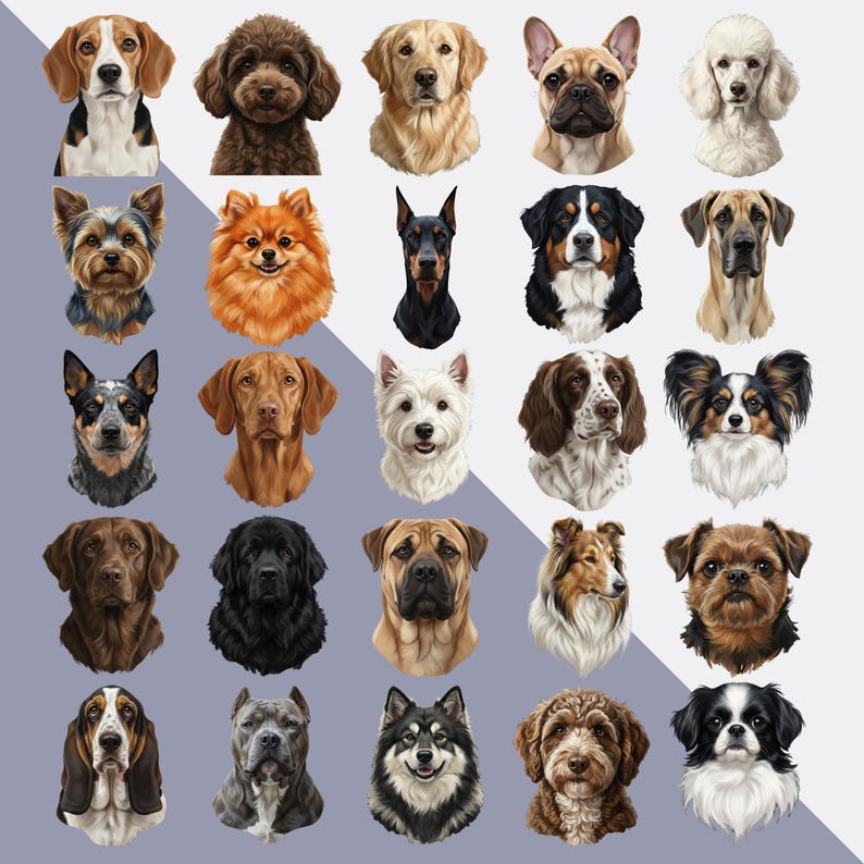 May include: A collection of 25 dog portraits, each with a unique breed. The dogs are depicted in a realistic style, showcasing a variety of colors and fur textures. Breeds include a Beagle, Poodle, Golden Retriever, and more.