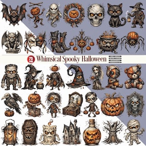 May include: A collection of 75 digital Halloween-themed illustrations featuring a bat, pumpkin marionette, ghost, wreath, skull, black cat, plague doctor, gargoyle, mask, boots, chandelier, cauldron, spider, monster, witch, hat, teddy bear, raven, and mummy.
