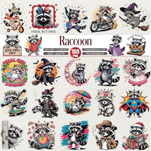 Puede incluir: Una colección de ilustraciones de mapaches en varias poses y atuendos. Algunos mapaches se representan con gafas de sol, tocando instrumentos musicales o disfrazados. El texto incluye "FERAL BUT FREE", "Raccoon", "GOOD VIBES ONLY", y "FERAL GIRL SUMMER".