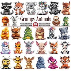 Grumpy Animals Clipart-paket 65 PNG Arga tecknade figurer