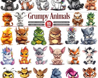 Grumpy Animals Clipart Bundle 65 PNG Angry Cartoon Characters