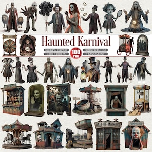 Könnte beinhalten: Eine digitale Kunstsammlung mit einem Thema eines Spuk-Karnevals. Das Bild enthält verschiedene Illustrationen von Karnevalsfiguren, Fahrgeschäften und Attraktionen, wie ein Karussell, ein Funhouse und eine Spiegelhalle. Der Text "Haunted Karnival" ist prominent dargestellt.