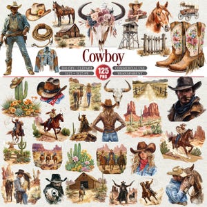 Puede incluir: Una colección de ilustraciones en acuarela con temática de vaqueros. Las imágenes incluyen vaqueros, caballos, sombreros de vaquero, botas, una calavera de toro con detalles florales y paisajes desérticos. La palabra "Cowboy" se muestra en negrita.