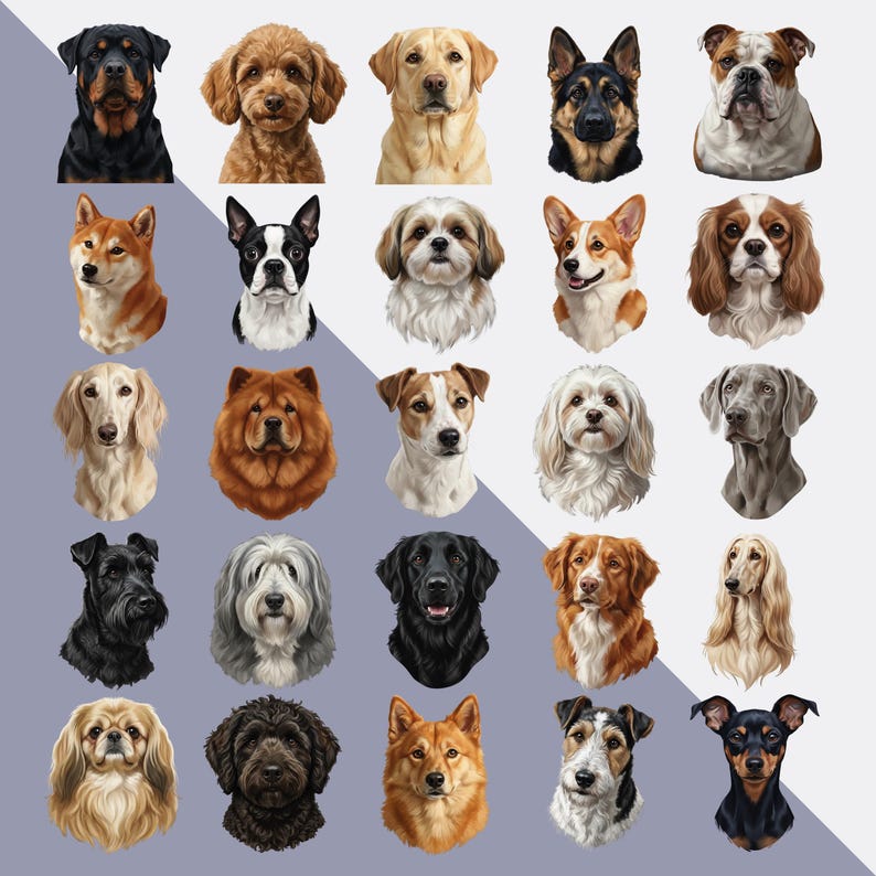 May include: A collection of 24 dog portraits, each showcasing a different breed. The dogs are depicted in a realistic style, with a variety of colors and fur textures. Breeds include a Rottweiler, Labrador, Bulldog, and more.