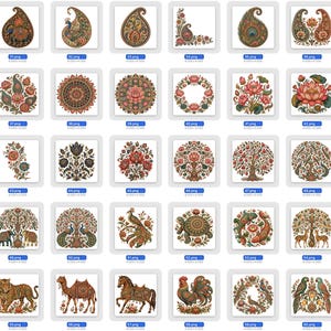 K&ouml;nnte beinhalten: Eine Sammlung von drei&szlig;ig quadratischen digitalen Kunstdateien mit komplexen, farbenfrohen Illustrationen von Paisley-Mustern, Lotusblumen, Mandalas und verschiedenen Tieren, darunter Elefanten, Pfauen, Schildkr&ouml;ten, Fische, Hirsche, Tiger, Kamele, Pferde und Papageien.