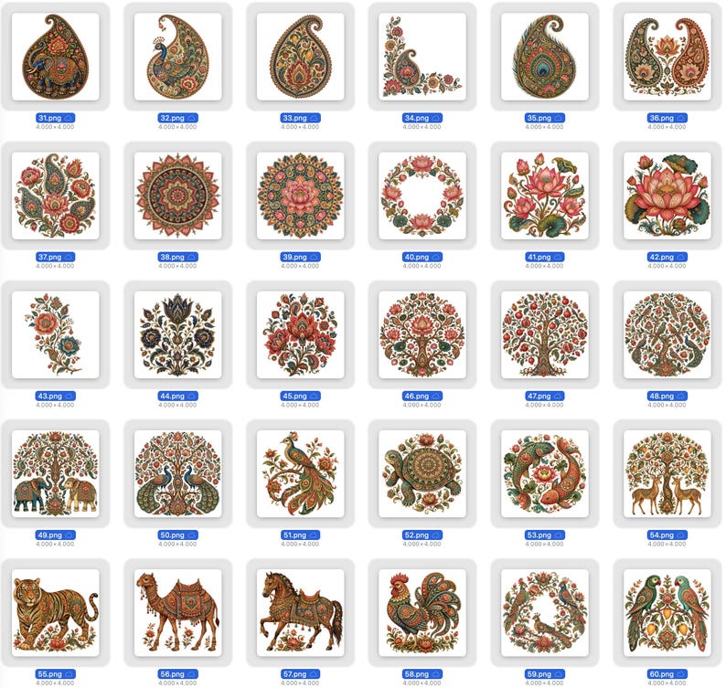 K&ouml;nnte beinhalten: Eine Sammlung von drei&szlig;ig quadratischen digitalen Kunstdateien mit komplexen, farbenfrohen Illustrationen von Paisley-Mustern, Lotusblumen, Mandalas und verschiedenen Tieren, darunter Elefanten, Pfauen, Schildkr&ouml;ten, Fische, Hirsche, Tiger, Kamele, Pferde und Papageien.