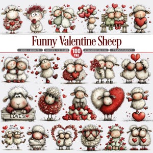 May include: A collection of cartoon sheep illustrations with Valentine's Day themes. The sheep are depicted with hearts, flowers, and holding signs that say "Love You" and "Happy Valentine's Day". The text "Funny Valentine Sheep" is displayed at the top.
