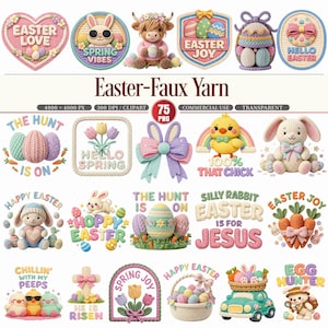 May include: A collection of colorful, faux yarn Easter-themed designs. The designs include bunnies, eggs, chicks, and text like "Easter Love," "Spring Vibes," and "Happy Easter." The image is labeled "Easter-Faux Yarn."