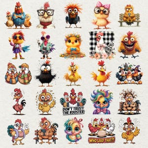 May include: A collection of colorful cartoon chicken illustrations. The chickens have various expressions and are wearing accessories like glasses, scarves, and bows. Some images include text such as "Don't Trust The Rooster" and "Who Laid That?!"
