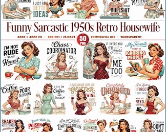 Funny Sarcastic 1950s Retro Housewife PNG Clipart Bundle