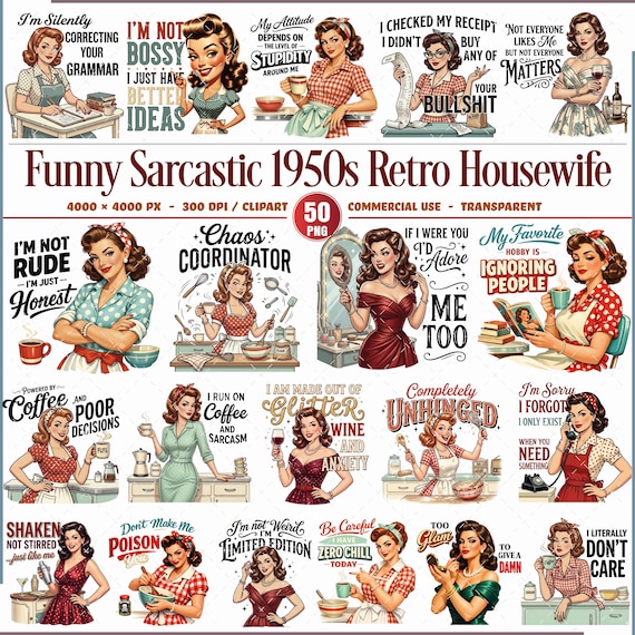 Funny Sarcastic 1950s Retro Housewife PNG Clipart Bundle