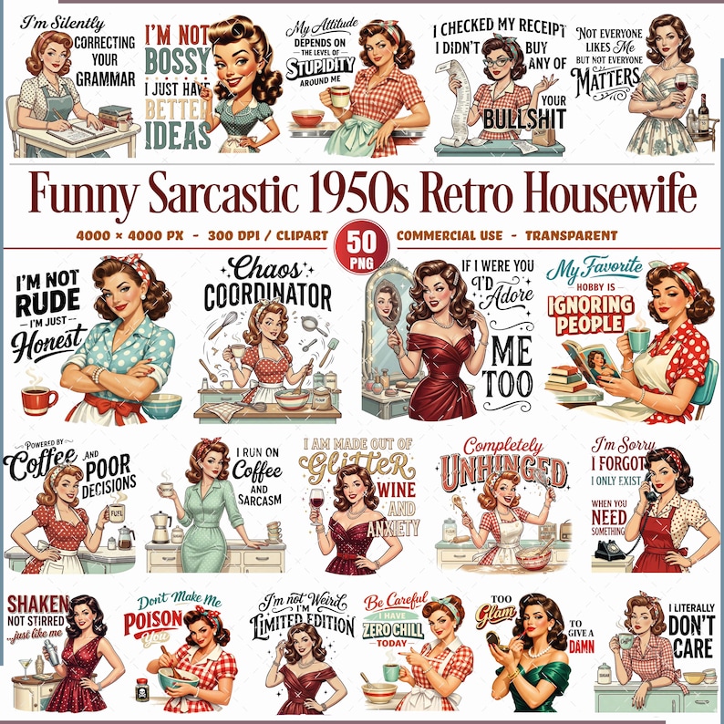Rolig sarkastisk 1950-tals retro hemmafru PNG Clipart-paket bild 1
