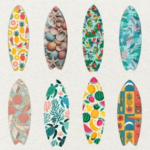 May include: Eight surfboard designs with diverse patterns. Designs include tropical fruits, seashells, parrots, sea turtles, and Hawaiian-themed motifs. The surfboards are arranged vertically, displaying a range of colourful and summery illustrations.