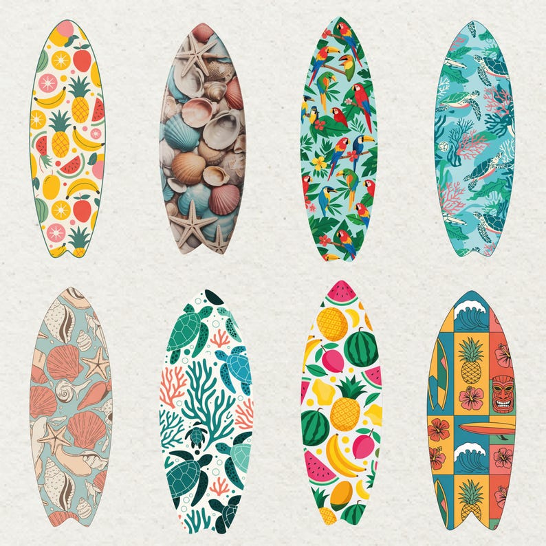 May include: Eight surfboard designs with diverse patterns. Designs include tropical fruits, seashells, parrots, sea turtles, and Hawaiian-themed motifs. The surfboards are arranged vertically, displaying a range of colourful and summery illustrations.