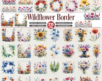 May include: A collection of watercolor wildflower borders, wreaths, and bouquets in various arrangements. The image includes a sunflower, poppies, daisies, and other colorful flowers. Text reads "Wildflower Border" and details about the clipart.
