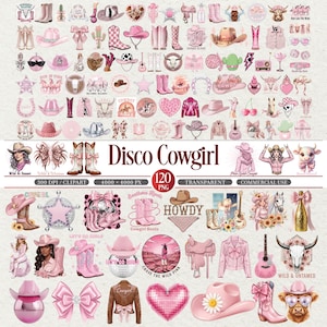 Könnte beinhalten: Eine Sammlung digitaler Clip-Art-Elemente im Cowboy-Stil in Rosa und Braun. Das Bild enthält Cowboy-Stiefel, Hüte, Gitarren und anderes Zubehör. Der Text auf dem Bild lautet "Disco Cowgirl", "Howdy" und "Wild & Untamed".