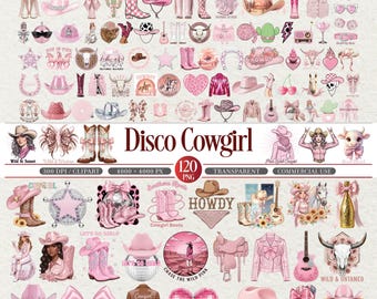 Disco Cowgirl Western Pink Clipart Set for Designers 300 dpı png