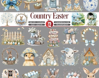 May include: A selection of watercolour illustrations with a country Easter theme. The images include bunnies, Easter eggs, floral arrangements, a rustic door, and a sign that reads "Egg Hunt, Bunny Trail, Carrot Patch".