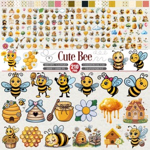 Puede incluir: Colección de ilustraciones digitales con abejas, panales, flores y tarros de miel. La frase "Cute Bee" se muestra en el centro, junto con detalles sobre la resolución de la imagen y el uso comercial. Las ilustraciones son de estilo caricatura.