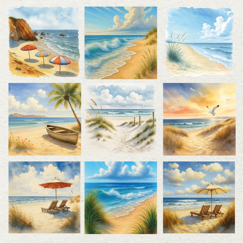 May include: Nine watercolor paintings of beach scenes. Each square depicts a different coastal view, featuring sandy beaches, ocean waves, blue skies, and beach umbrellas. Some include boats, dunes, and palm trees, evoking a serene, vacation-like atmosphere.