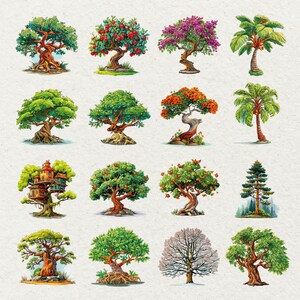 May include: A collection of colorful, illustrated trees. The trees vary in size, shape, and foliage, including trees with red apples, purple flowers, and a treehouse. The style is reminiscent of a children's book illustration.