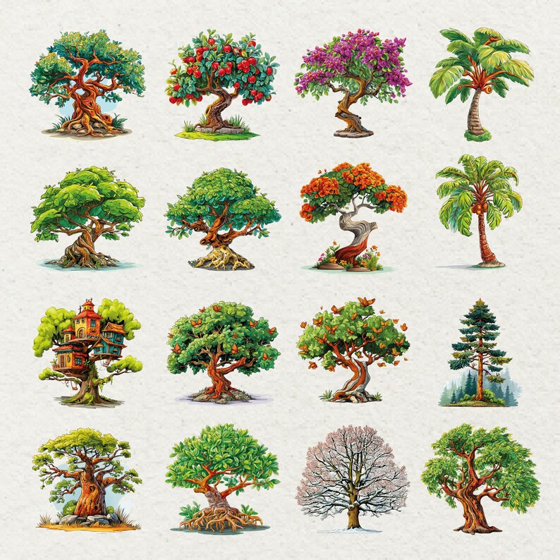 May include: A collection of colorful, illustrated trees. The trees vary in size, shape, and foliage, including trees with red apples, purple flowers, and a treehouse. The style is reminiscent of a children's book illustration.
