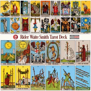 Può includere: Una collezione di carte dei tarocchi Rider Waite Smith con illustrazioni colorate e dettagliate di figure e simboli. Il set include arcani maggiori e minori come Il Matto, Il Mago, Il Mondo e varie carte di bastoni, tutte disposte in una griglia con etichette di testo.