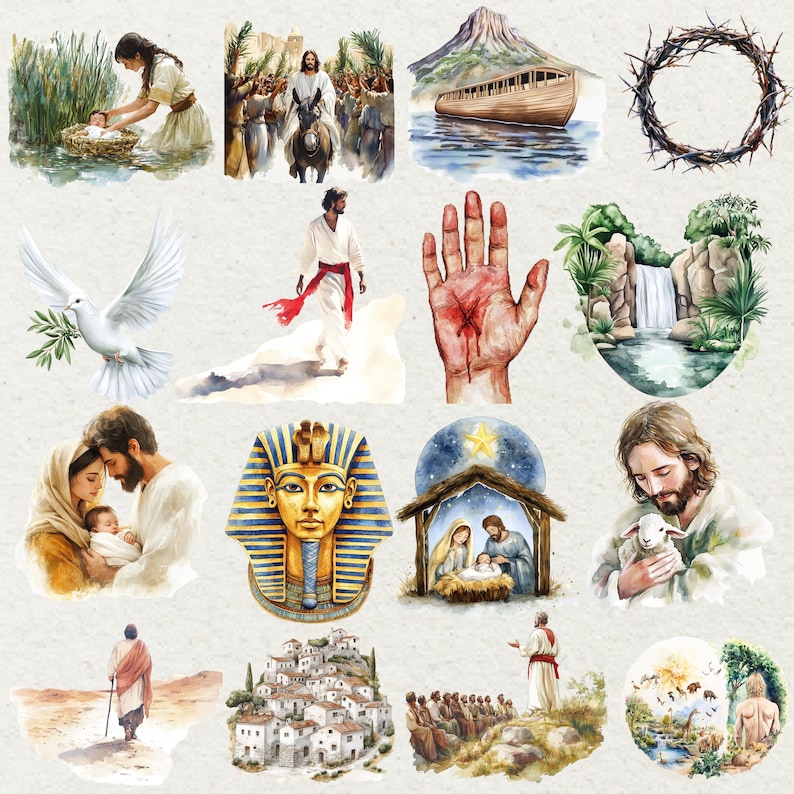 May include: A collection of watercolor illustrations depicting biblical scenes. Images include Jesus, the nativity, the ark, a dove, a crown of thorns, and other religious figures and symbols. The artwork features soft colors and detailed imagery.