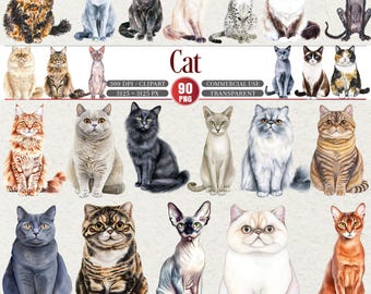May include: Watercolor illustrations of various cat breeds, including Siamese, Persian, and tabby cats. The image features a variety of cat poses and colors, with the word "Cat" in the center. The image also includes text indicating the image is 300 DPI, a clipart, and transparent.