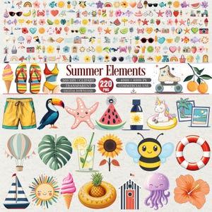 May include: A collection of summer-themed clip art elements. Includes illustrations of ice cream cones, flip-flops, a swimsuit, shorts, a toucan, starfish, watermelon, a bottle of sunscreen, a unicorn float, a hot air balloon, a leaf, a drink, a sunflower, a bee, a life preserver, a sailboat, a sun, an ice cream, a pineapple float, a beach hut, a jellyfish, and a flower. The text "Summer Elements" is also present.