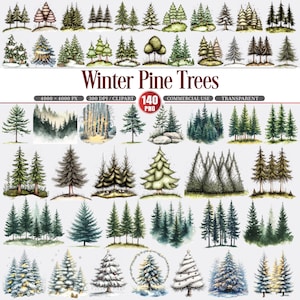 Può includere: Una collezione di illustrazioni ad acquerello di vari pini, comprese scene invernali. Il testo "Winter Pine Trees" è visualizzato in grassetto, in rosso scuro. L'immagine include il testo "140 PNG" e "Commercial Use".