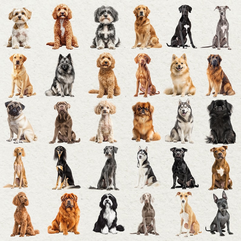 May include: A collection of various dog breeds, each in a seated position, against a neutral background. The dogs vary in size, color, and coat type, including breeds like Golden Retrievers, Pugs, and Huskies. The image showcases a diverse array of canine companions.