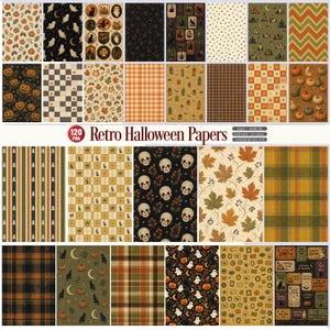 Peut inclure: Une collection de 120 papiers numériques présentant des motifs d'Halloween rétro incluant des citrouilles, des fantômes, des crânes, des chats noirs, des feuilles d'automne, des carreaux et des damiers. Le texte Retro Halloween Papers est affiché.