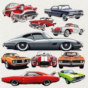 May include: An illustration of several classic cars in shades of red, blue, silver, orange, and green. The image showcases a range of vintage vehicles, highlighting their unique designs and styles. The cars are presented in a cartoon or illustration style.