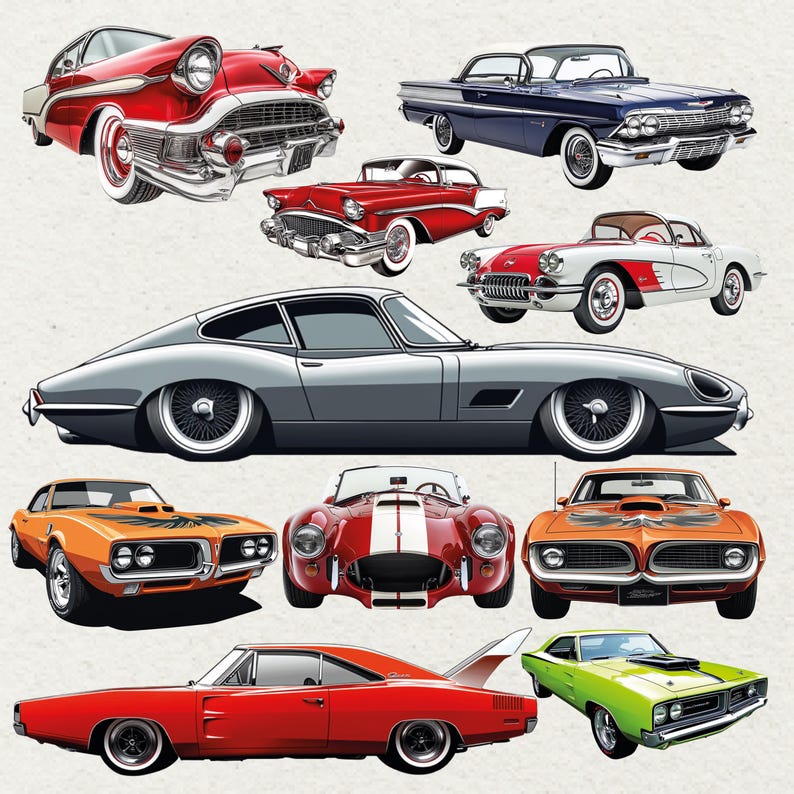May include: An illustration of several classic cars in shades of red, blue, silver, orange, and green. The image showcases a range of vintage vehicles, highlighting their unique designs and styles. The cars are presented in a cartoon or illustration style.