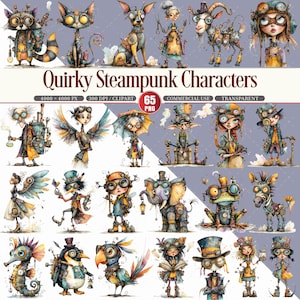 Quirky Steampunk Characters PNG Clipart Bundle, Mechanical People and Animals